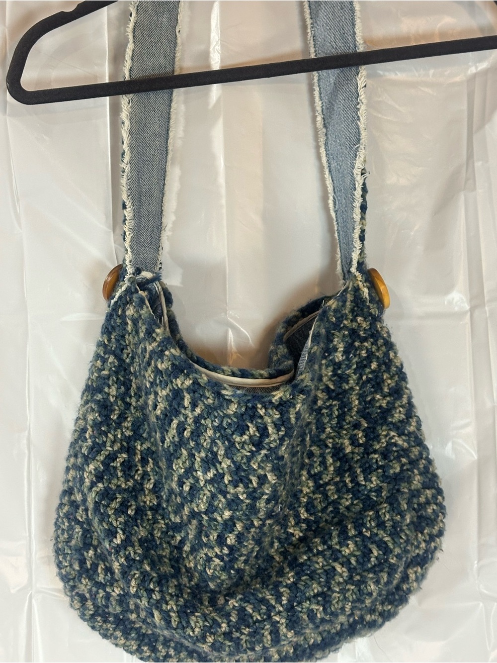 Blue Knit Shoulder Bag with Denim Straps - Unbranded